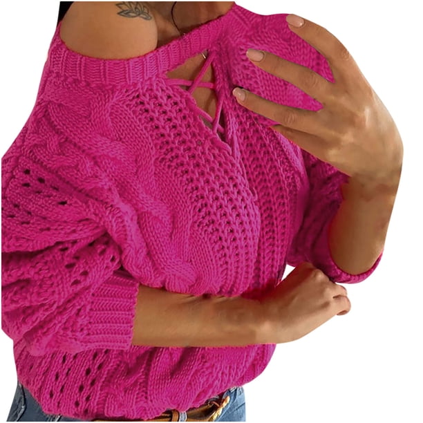 Puntoco suéter mujer moda Casual hueco cordón Sexy fuera del hombro suéter de punto liquidación de Navidad Puntoco Puntoco-4666