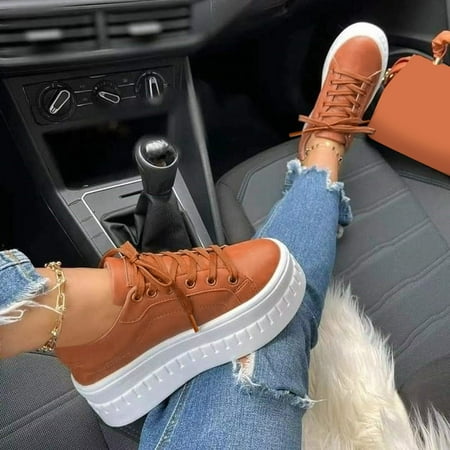 

Casual Shoes Ladies Fashion Solid Color Leather Round Toe Lace Up Platform Casual Shoes