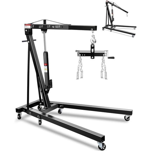 Lumiparty 2 Ton Folding Engine Hoist with Lever, 4400LB Hydraulic Cherry Picker Hoist Lift, Shop Crane with 6 Casters, Telescopic Boom for Lifting Motors, for Garage, Workshop and Repair, Black