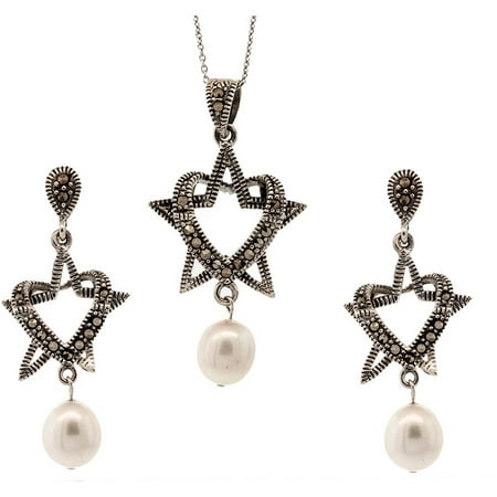 Pori Jewelers Marcasite and Pearl Sterling Silver Earrings
