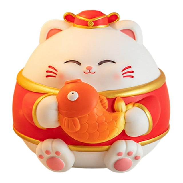 Estatua de gato de la suerte, adorno artesanal, alcancía coleccionable de vinilo, linda olla de ahorro Koi pequeño