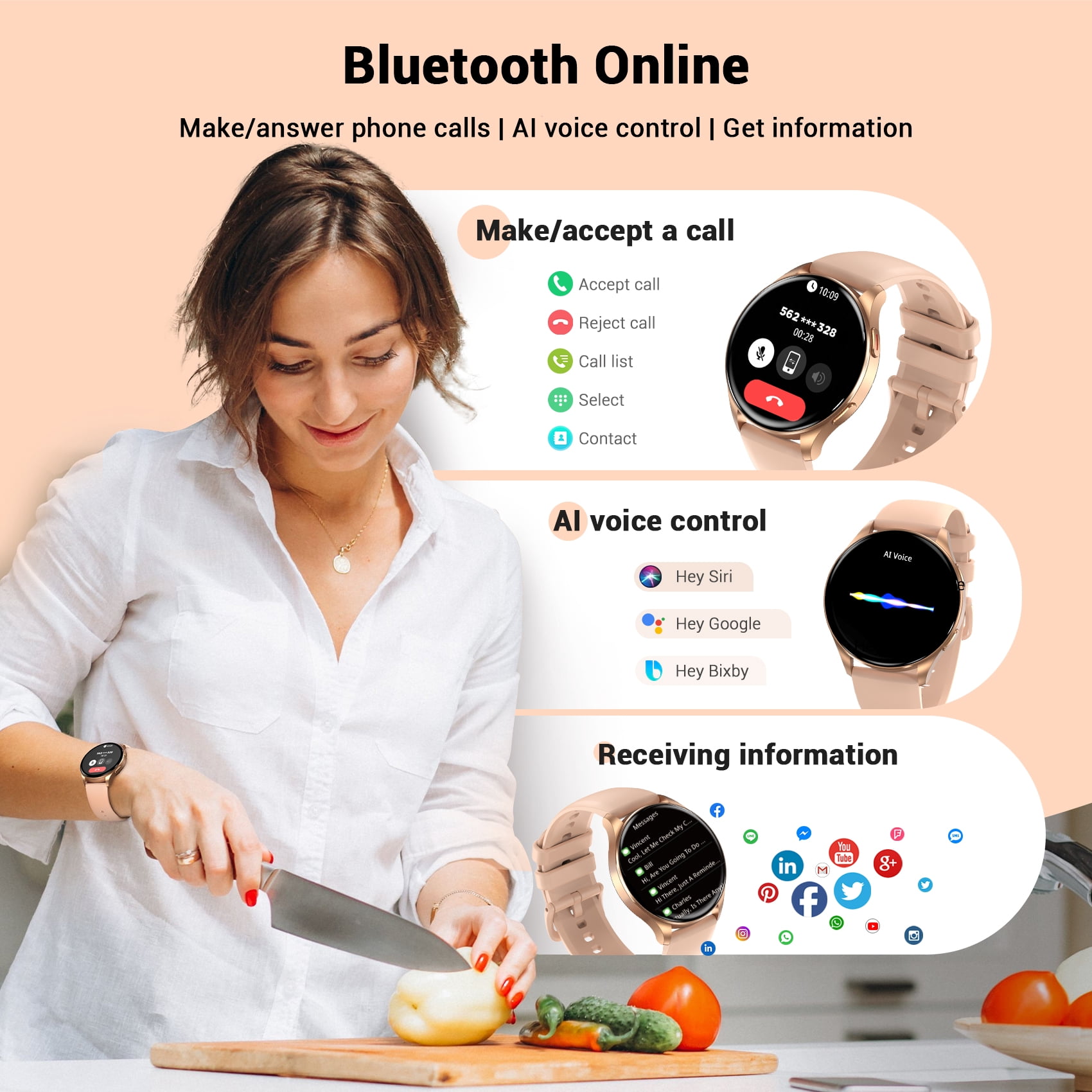 Blackview Smart Watch for Women, 1.43" AMOLED Fitness Tracker Watch with Bluetooth Call, 100+ Sports Modes, AI Voice Assistant, 2 Straps, Waterproof Smartwatch for Android iPhone, Gold