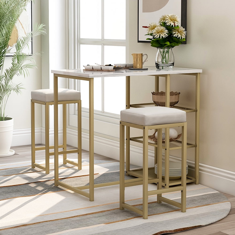Lowestbest 3 Piece Modern Pub Set with Faux Marble Countertop and Bar Stools, White&Gold Lowestbest 3 Piece Modern Pub Set with Faux Marble Countertop and Bar Stools, White&Gold
