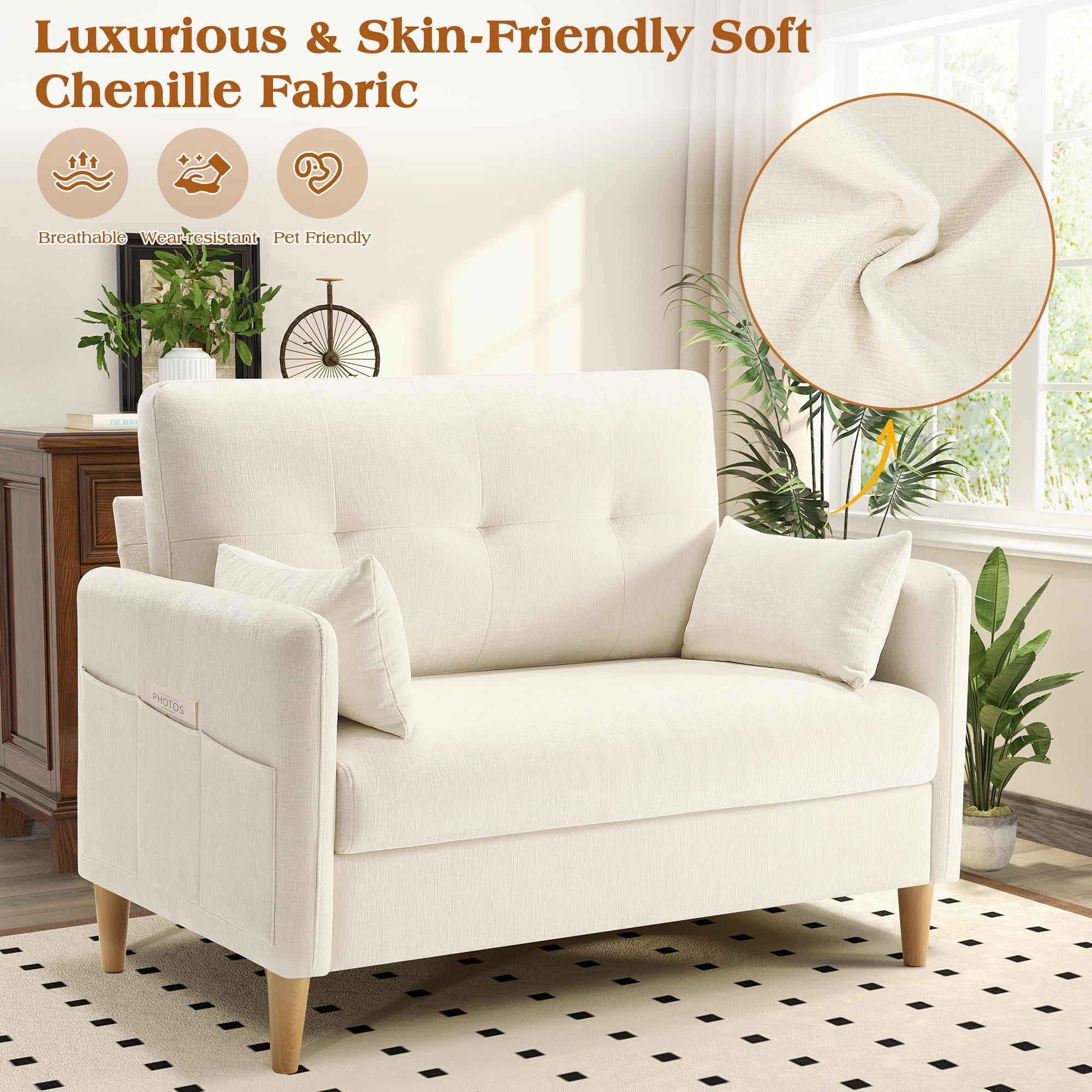 BedLuxury 47'' Wide LoveSeat, 2-seat Chenille sofa with 2 Pillows for Living Room and Small Spaces, Beige