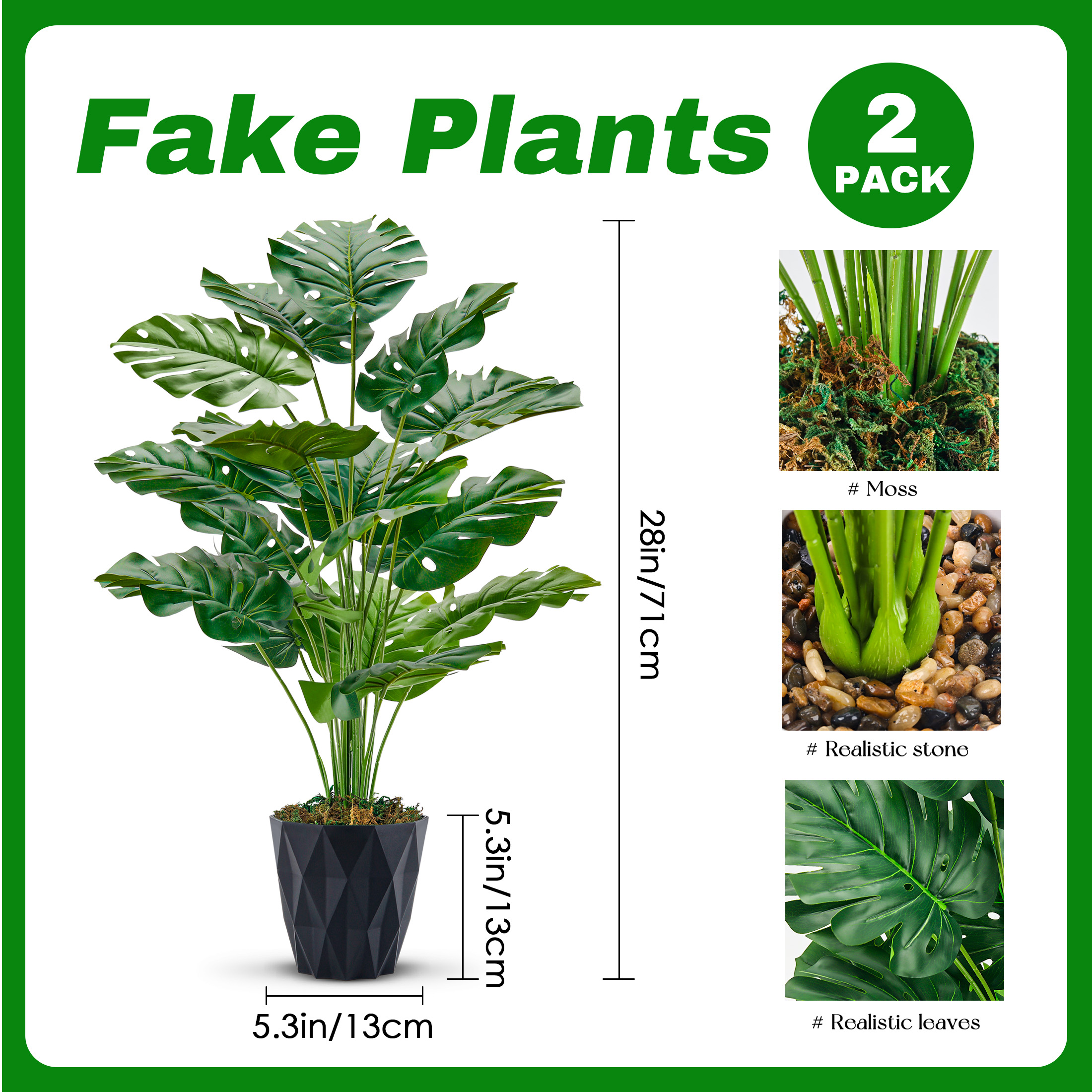 2 Pack 28" Realistic Artificial Monstera Plants Faux Indoor Greenery with White and Black Pots for Home Office Living Room Decoraction