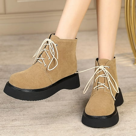 

Halloween Gift Juebong Women s Boots Mid Heel Round Toe Boots Winter Warm Boots Women Boots Soild Retro Lace-up Shoes