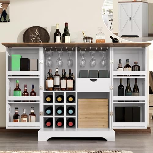 61" Farmhouse Bar Cabinet, Folding Storage Wine Liquor Cabinet with 9 Wine Racks, Expandable Coffee Bar Station with Drawer, Mini Bar, Home Bar for Kitchen Dining Room, Rustic White$$Furniture