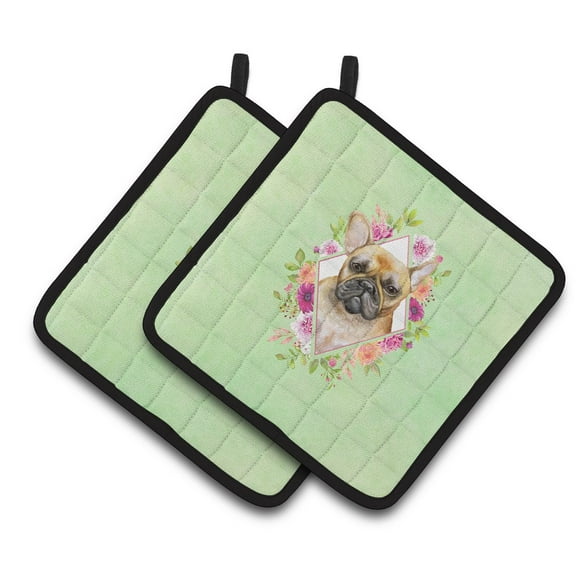 Carolines Treasures CK4304PTHD Fawn French Bulldog Green Flowers Pair of Pot Holders 7.5HX7.5W multicolor