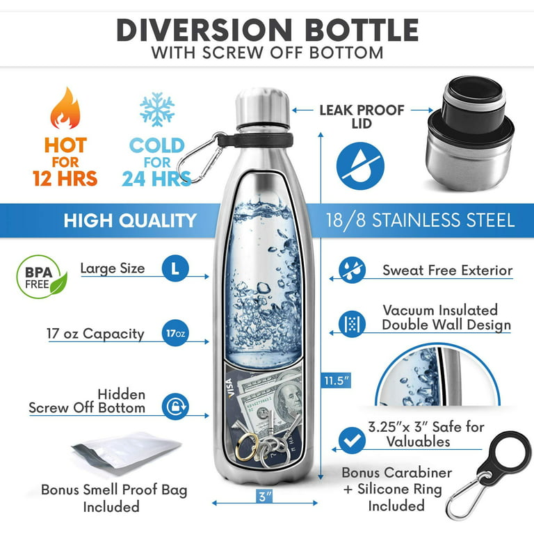 Diversion Safe Water Bottle Can Hidden Bottom for Valuables 17ounce Liquid  Capacity Dry Storage Compartment Stainless Steel Vacuum Insulated Leak