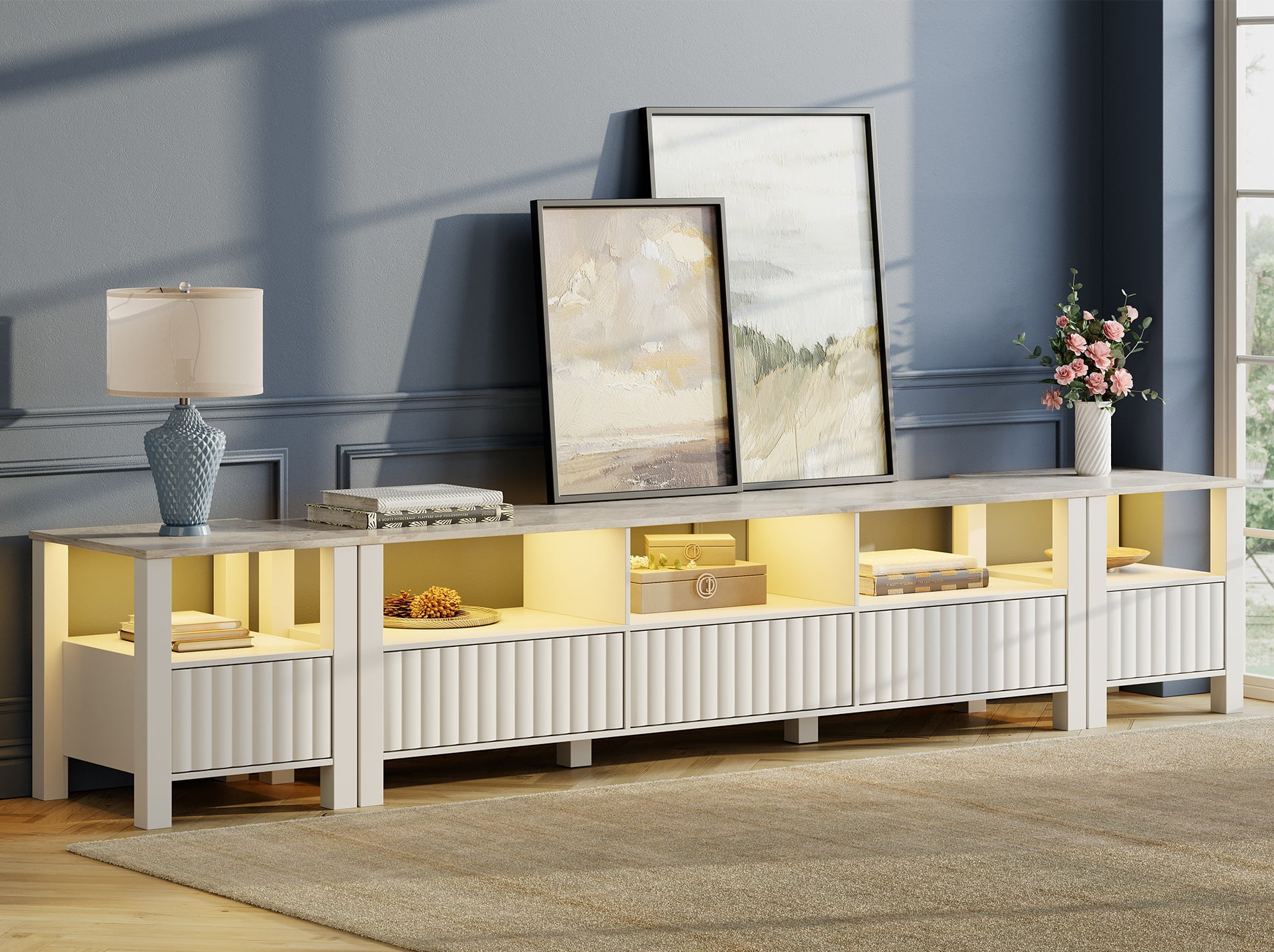 LED TV Stand for TVs up to 100 Inch, Modern Wood Entertainment Center for 80/85/90 inch TV Console Media Table with 10 Cubby Storages for Living Room Bedroom White