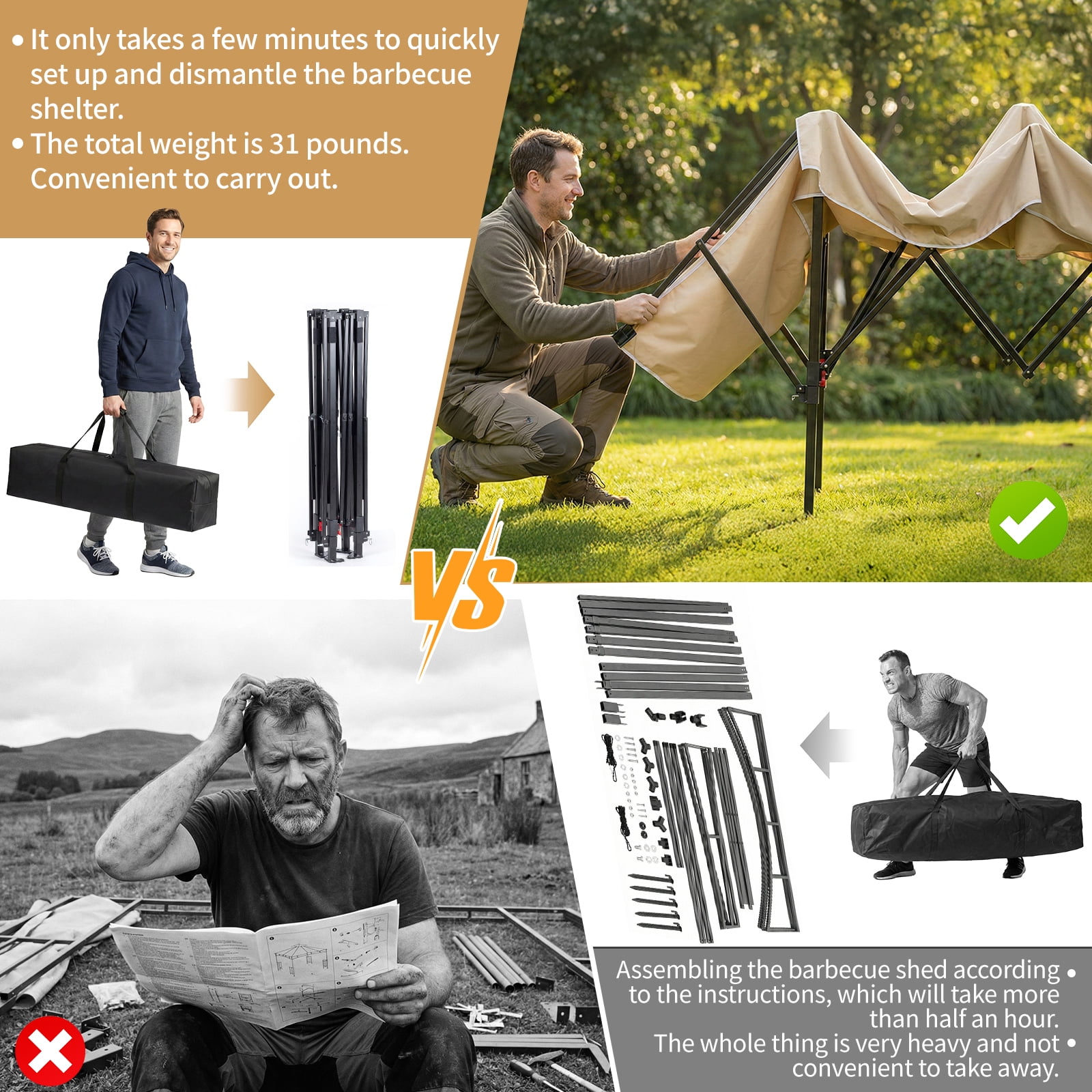 UBesGoo 12.5x3.3ft Grill Gazebo, Outdoor BBQ Gazebo with Storage Shelf,Double Tiered & Extra Adjustable Shadow,Khaki