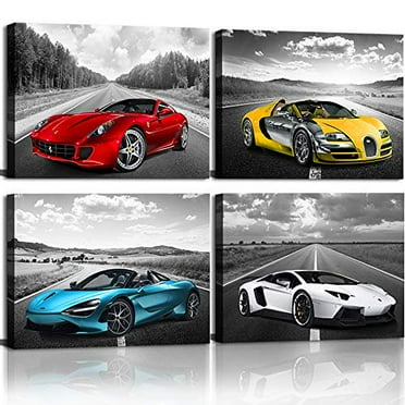 CANVASZON Car Art Black and White 12” x 16” Framed Canvas Art Prints (Set of 4)