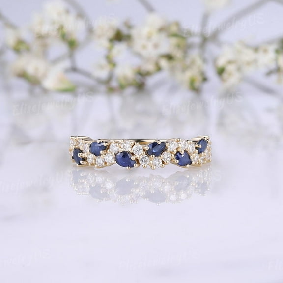 Blue sapphire wedding band women pear ring moissanite wedding half eternity gold stackable ring personalized gift