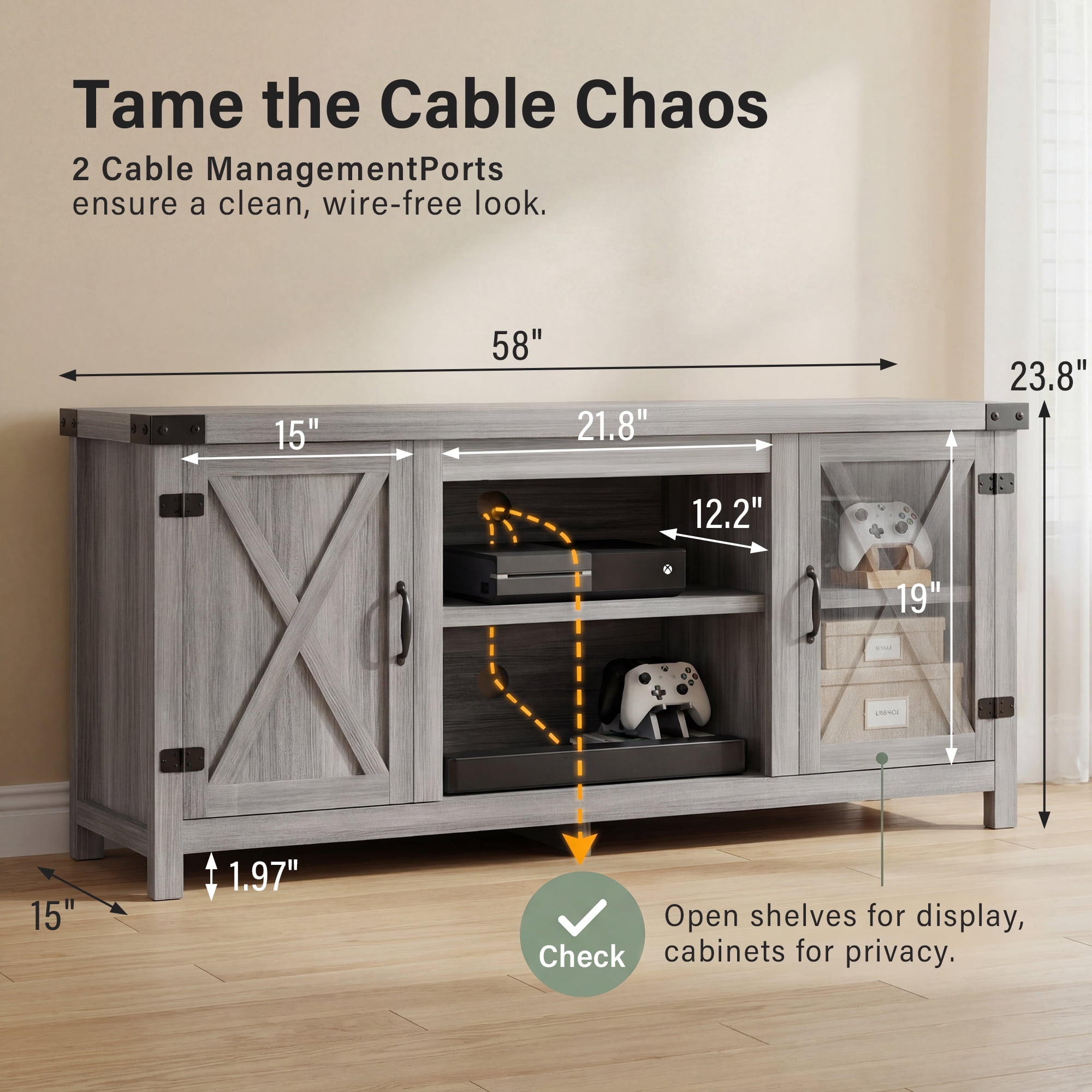 Vineego TV Stand for 65 Inch TVs, Farmhouse Storage Cabinet with Sliding Doors and Cord Management, Gary
