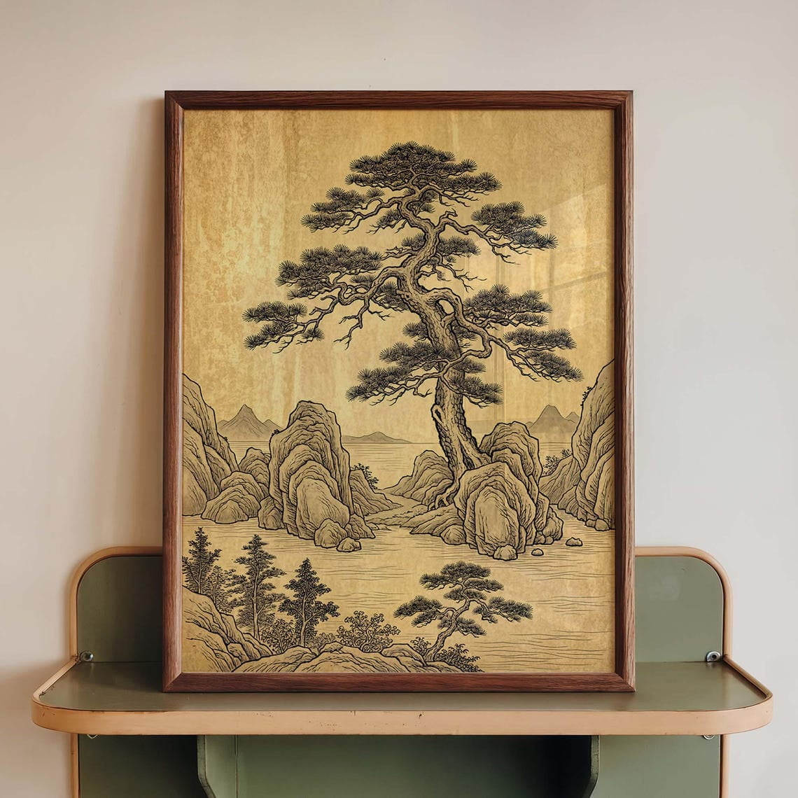 Japanese Pine Tree Poster Vintage Landscape Sepia Ink Nature Cultural Living Room And Gallery Wall Decor