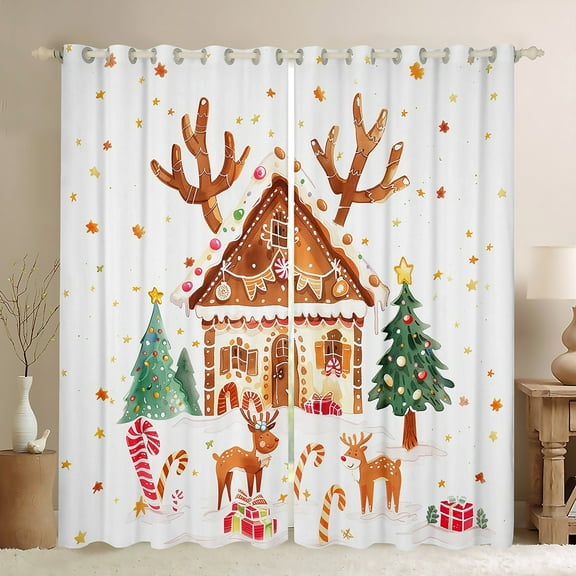 Manfei Cartoon Gingerbread House Black Out Curtains,Cute Christmas Reindeer Curtains Pack of 2 (42x63 Each),Cute Chic Xmas Tree Bedroom Curtains For Kids Gitl,Ultra Soft Home Decor
