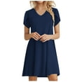 thumbnail image 1 of AherBiu Robe T-Shirt Femme Pétale Manches Courtes Col en V Basique Confortable Tunique d'Été pour Femmes, 1 of 5