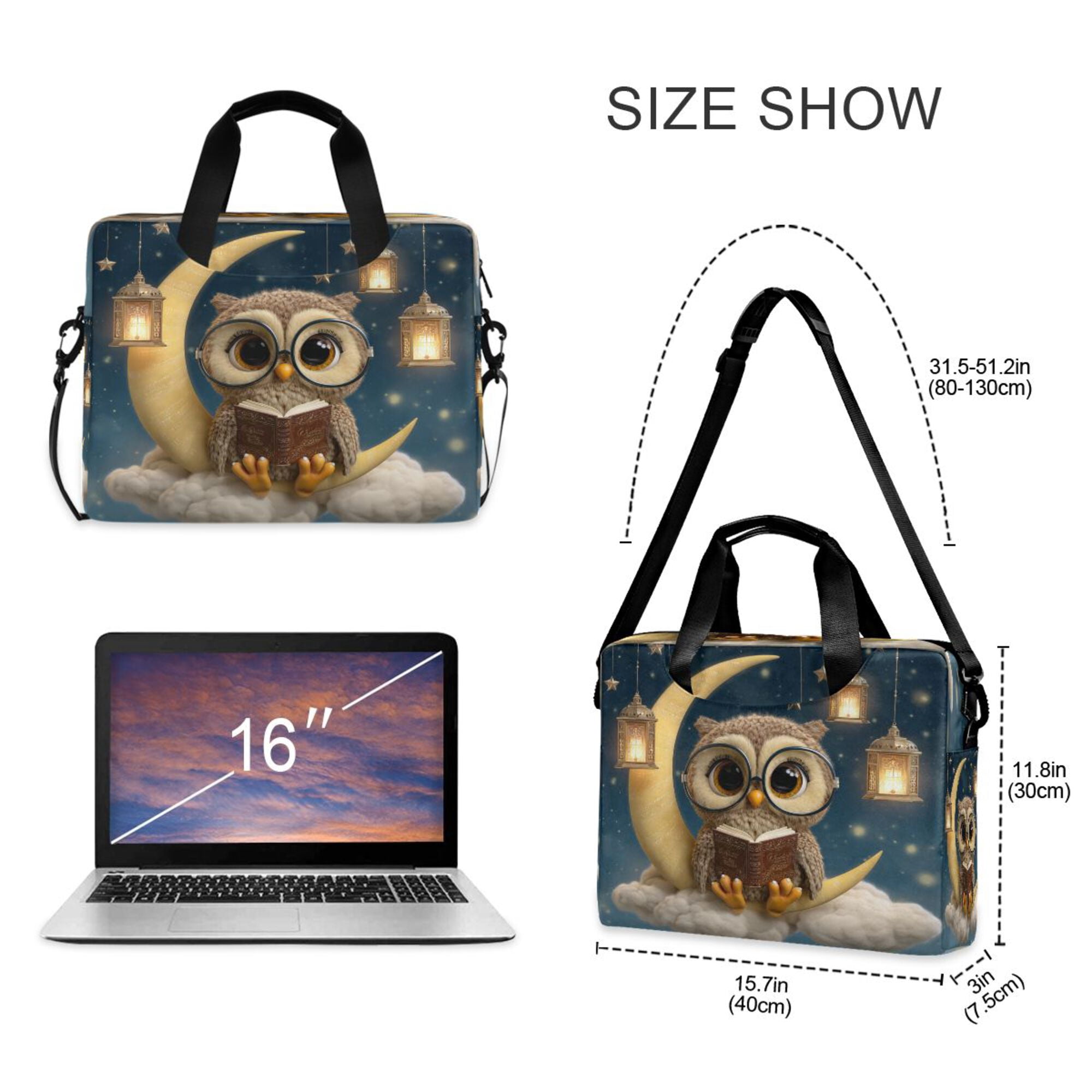 16" Laptop Briefcase, Detachable Anti-Slip Shoulder Strap, Multi-Compartment Work Travel Bag Cute Owl