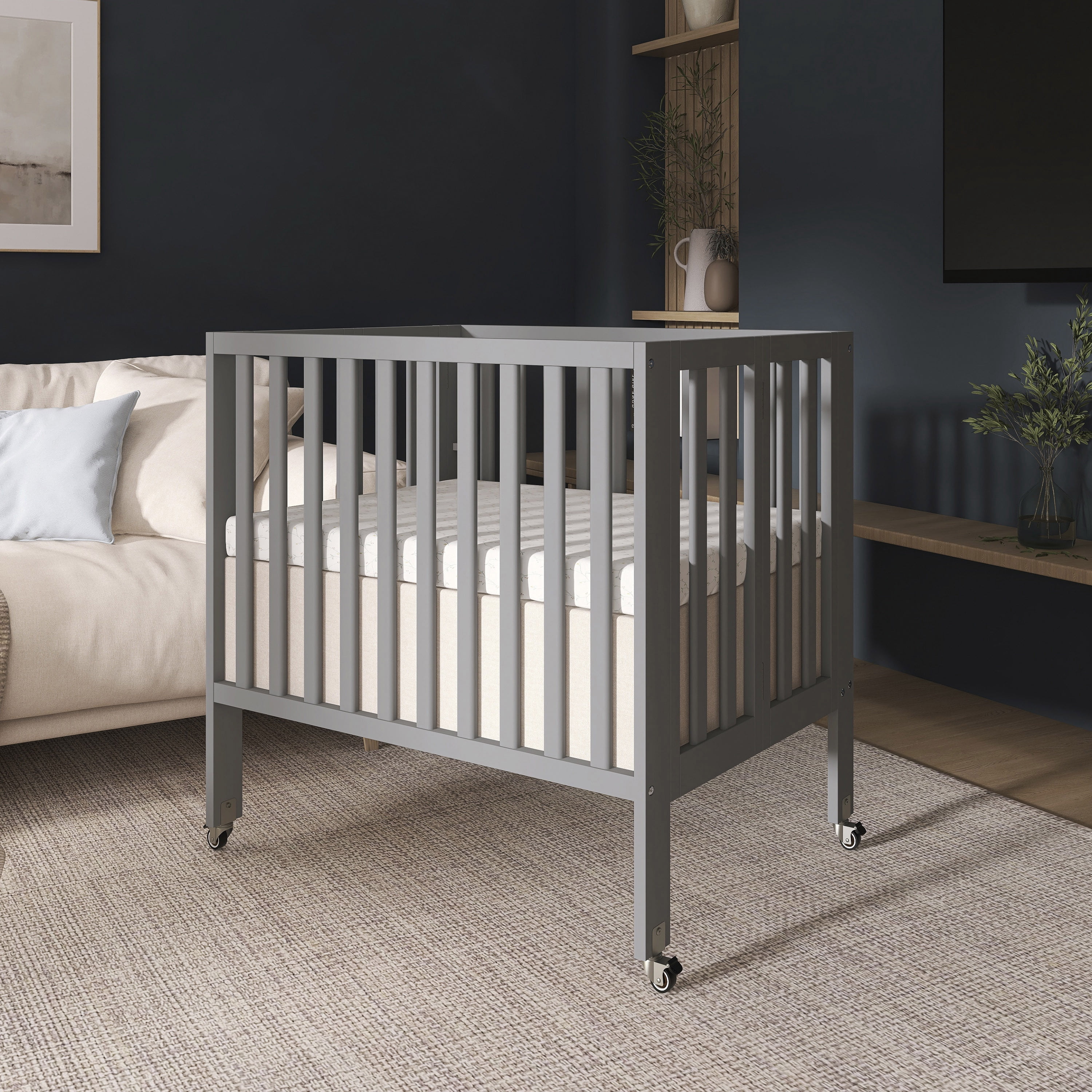 Dream On Me Jett Non-Full Size Folding Crib I Removable Wheels I Modern Nursey I Adjustable Mattress Support I Patent Folding System I Included 2.5” Mattress In Pebble Gray