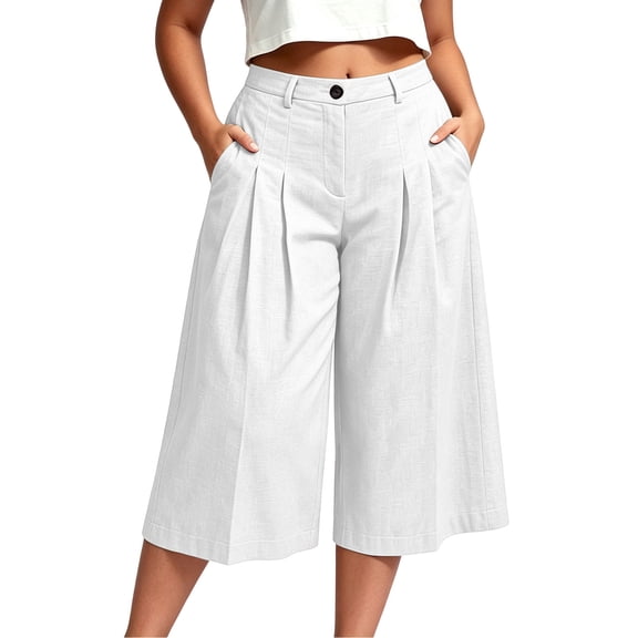 TEAJOPSUU Womens Plus Size Wide Leg Capri Pants High Waist Button Fly Pleated Cropped Trousers with Pockets Business Casual Wear White