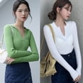 thumbnail image 4 of Women Notched Lapel Knitted Sweater Casual Solid Color Long Sleeve Slim Fit Fall Knit Pullovers Jumper Tops Knitwear T-shirt White, 4 of 5