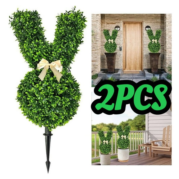 2PCS Bunny Tree Easter Decor, Artificial Cypress Topiary Tree, Flat Green Simulation Ground Plug, Green Rabbit Shape Potted Easter Porch Decor for Home Front Porch Decor Outside Garden