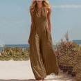 thumbnail image 2 of Womens Halter Sleeveless V Neck Zipper Jumpsuit Cotton Blend High Waist Wide Leg Solid Romper with Pockets for Vacation Daily Wear Brown XL(XL), 2 of 6