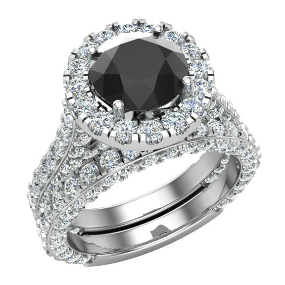 Black Diamond Wedding Ring Set 14K White Gold Halo Rings for Women 7.40 MM 5.15 Carat