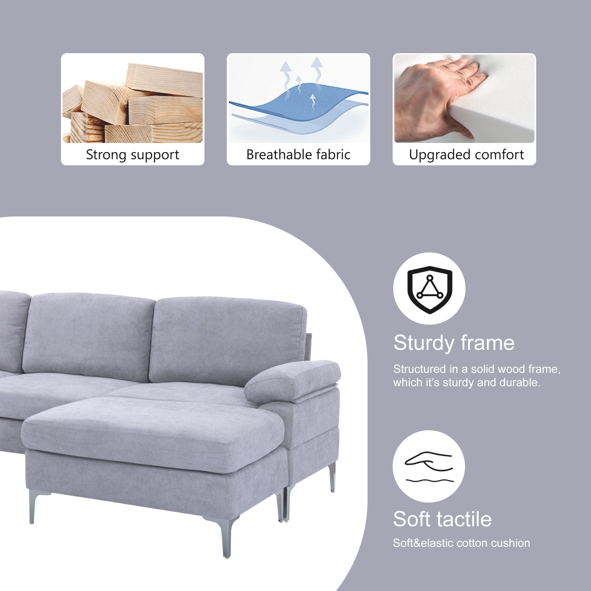 Oversized U-Shaped Sectional Sofa Couch,Convertible Modular Sofa,Upholstered Sleeper Sofa Couches with Reversible Chaise Lounge and Movable Ottomans for Living Room,Light gray