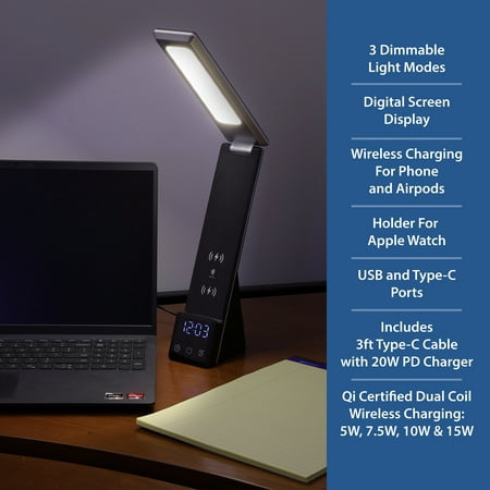 Mainstays 10.9' 5-in-1 LED Dimmable Wireless Charging Foldable Hinge Desk Lamp