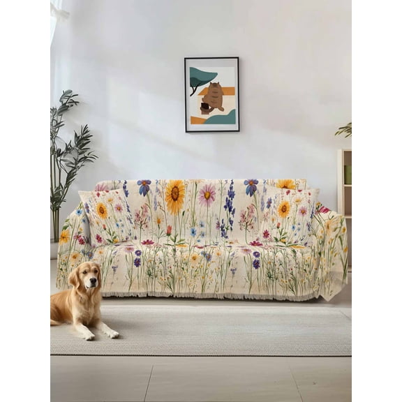 Botanical Floral Couch Cover, Retro Purple Pink Yellow Wildflowers Sofa Cover Blanket for 1 Seat Cushion, Sectional Sofa Slipcover Furniture Protector for Living Room Bedroom 71''x91''