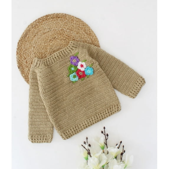 Woonie Handmade Full Sleeves Floral Design Sweater-Beige