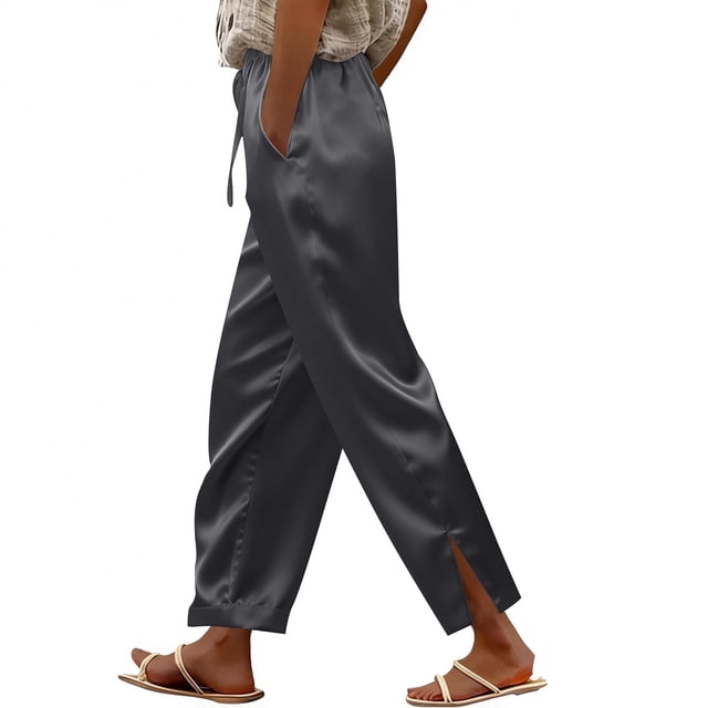 TaTaai Women Solid Satin Long Pants Side Split Minimalist Elegant Ladies Weekend Party Vacation Wear Non-See-Through Machine Washable No Fading Smooth Trousers Gift