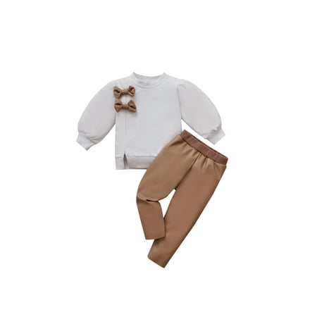 

Canrulo 2Pcs Kids Baby Girls Tracksuit Bows Long Sleeve Pullover Leather Pants Autumn Outfits White 18-24 Months