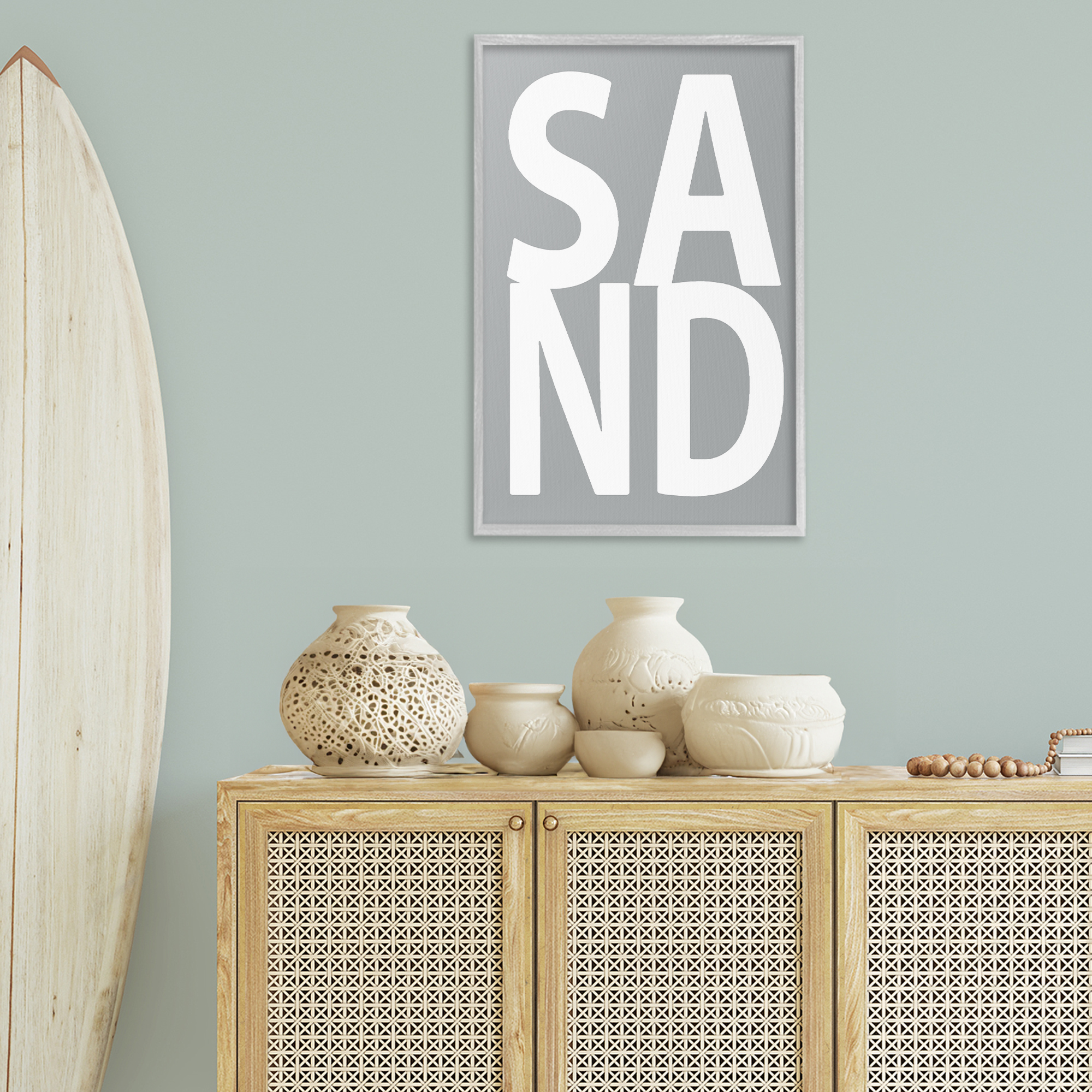 Stupell Industries Sand Word on Grey Typography Painting Gray Framed Art Print Wall Art, 20 x 30