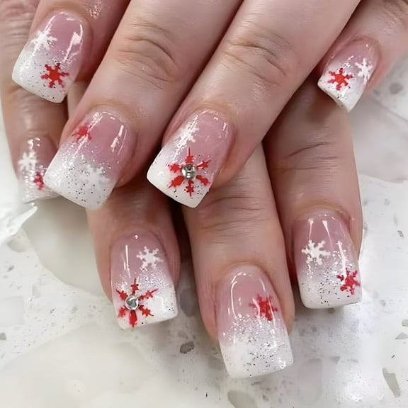 Yoyauz 24 PCS Christmas Fake Nail Red and White Snowflake Design Short Fake Nail, Christmas Holiday Red and White Nail Used for DIY Nail Decoration in Winter