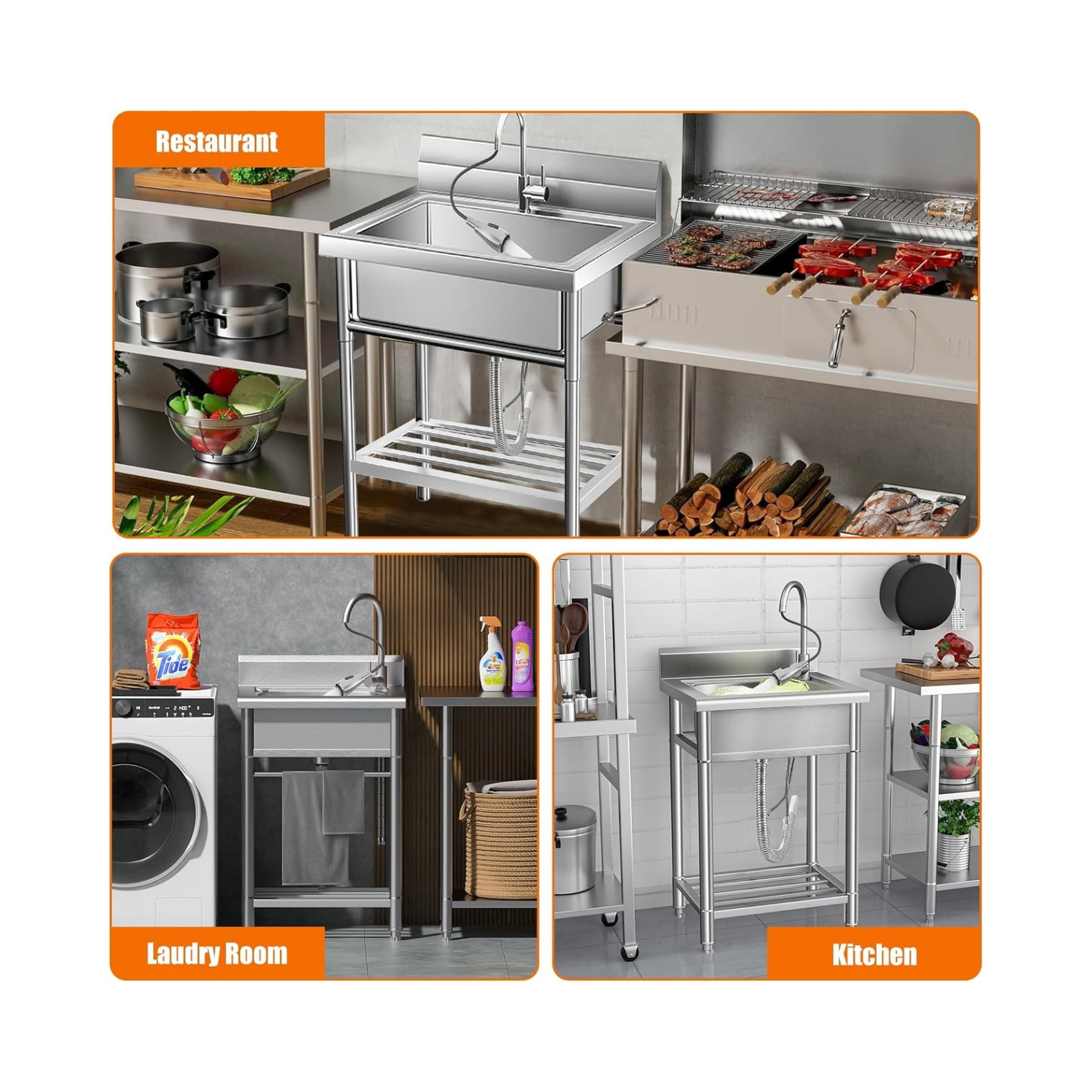 Stainless Steel Commercial Utility Sink,Free Standing Single Bowl Pull-Down Faucet Heavy Duty Sink for Restaurant Bar Laundry - Hot & Cold Water Indoor & Outdoor