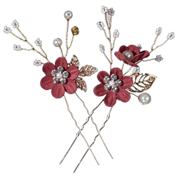 LULULION Dark Red Alloy Cloth Flower Hairpins for Wedding Bride Party Use