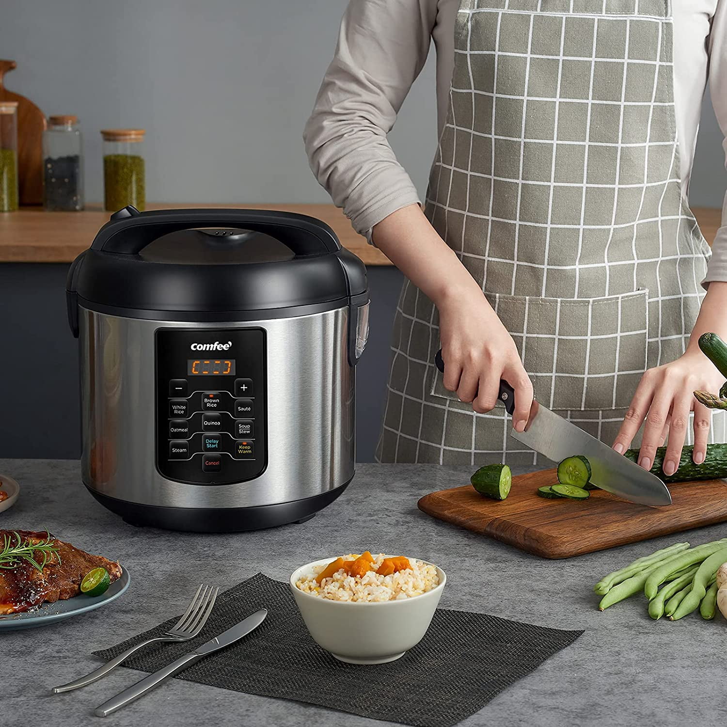 Multifunctional Rice Cooker 10 Cup Uncooked/20 Cup Cooked, 5.2 Qt Large Capacity with 8 One-Touch Programs