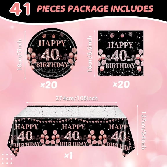 YUYAN-41Pcs 40th Birthday Decorations for Women, Vintage 40 Birthday Black and Rose Gold Disposable Paper Plates and Napkins Party Supplies for 20 Guests, 41Pcs Include 7" Plates Napkins and Tableclo