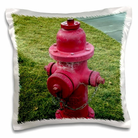 3dRose A fire Hydrant painted red on a green lush lawn - Pillow Case, 16 by