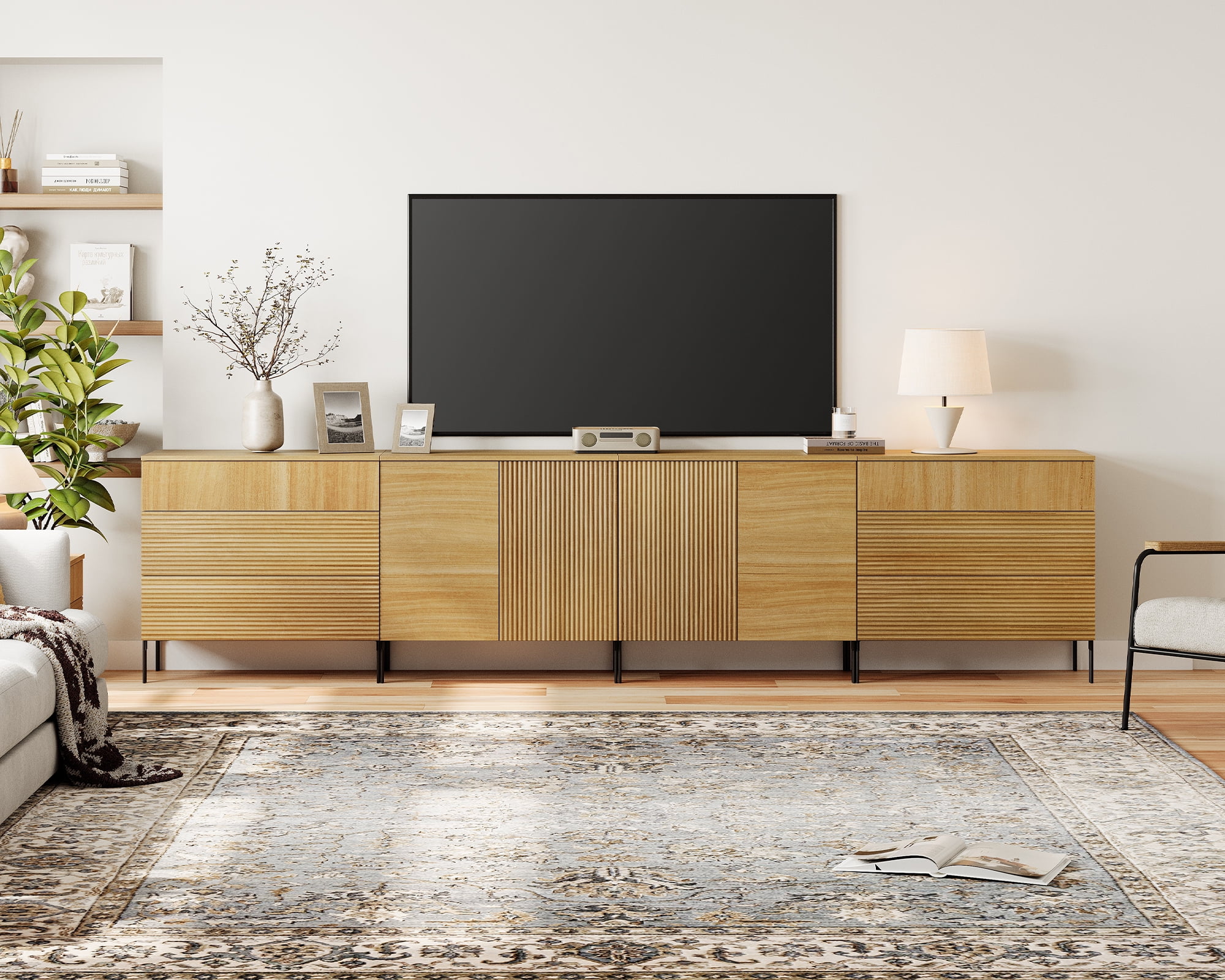 126" Long Modern Reeded Dresser TV Stand with Adjustable Sheves, Entertainment Center with Drawers, Wooden TV Console with Storage for Living Room