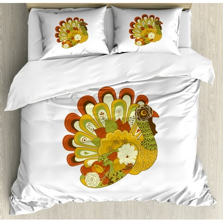 Animal Farm Cover (Turkey Duvet Cover Set, Farm Animal with Autumnal Floral Elements Curlicues and Dots Artistic Abstract Bird, Decorative Bedding Set with Pillow Shams, Multicolor, by)