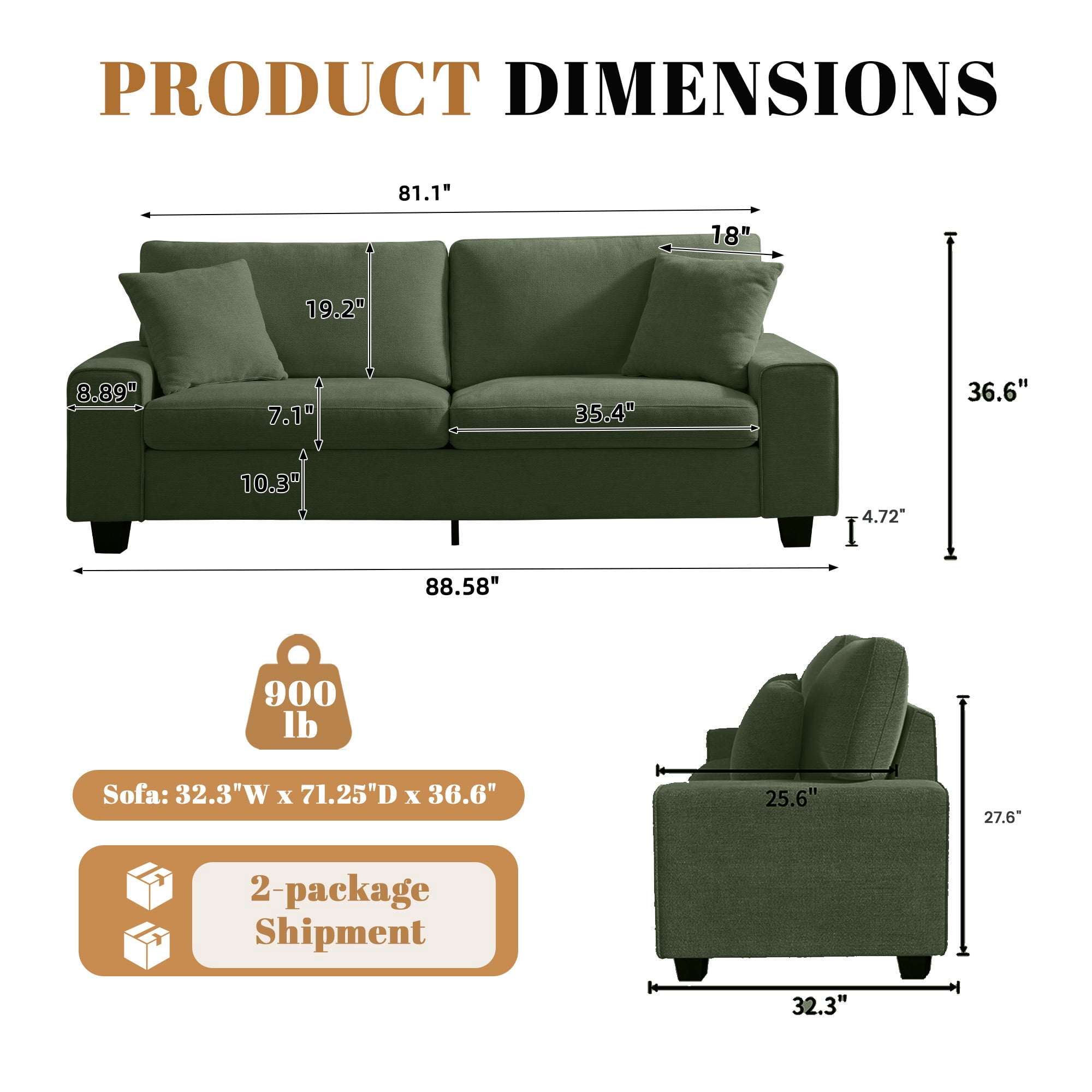 Poshby 88.58''W 3 Seater Sofa Couch with Chenille, Modern Square Arm for Living Room, Light Green