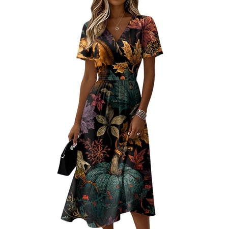 Women s Halloween Dress Halloween Print Short Sleeve V-Neck Casual Fashion Dress for Everyday Wear Cosplay Events Halloween Partiesc Dark Gray B M