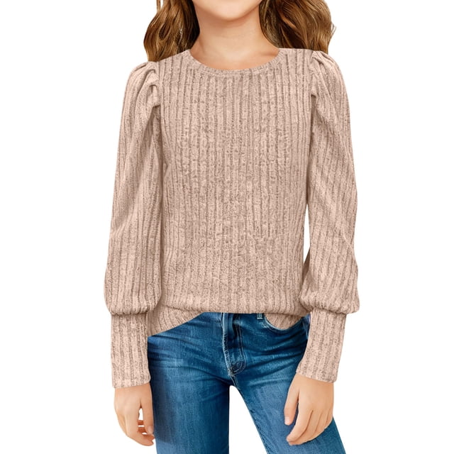 Girl's Puff Long Sleeve Ribbed T Shirt Round Neck Loose Pullover Tops Solid Color Base Layer Tee Casual Undershirts