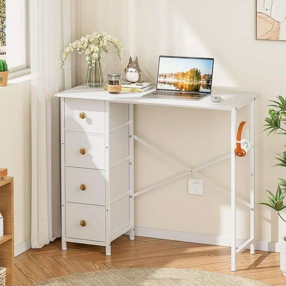 Small Writing Desk with 4 Fabric Drawers, 35.4 Inch Computer Desk for Home Office, Simple PC Desk for Small Places, Kids Girls Teen Study Table for Bedroom Dorm, White