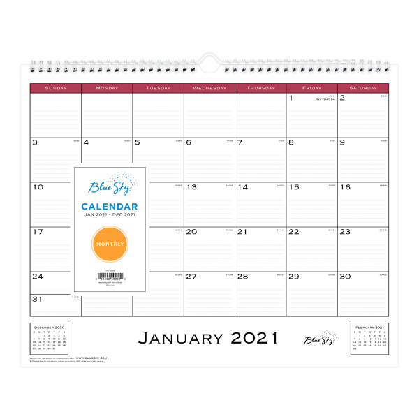 Blue Sky 2021 15" x 12" Wall Calendar, Classic Red