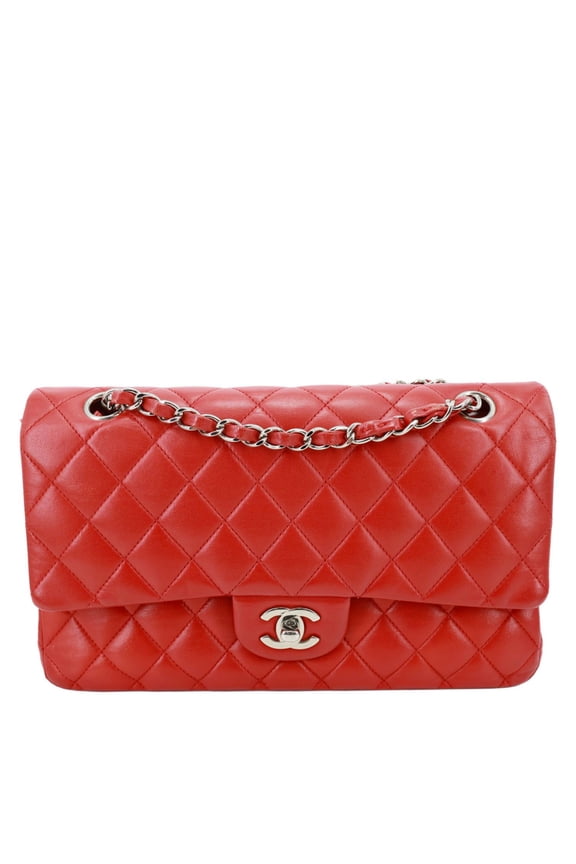 Pre-Owned Chanel Classic Double Flap Medium Quilted Lambskin Leather Shoulder Bag Red
