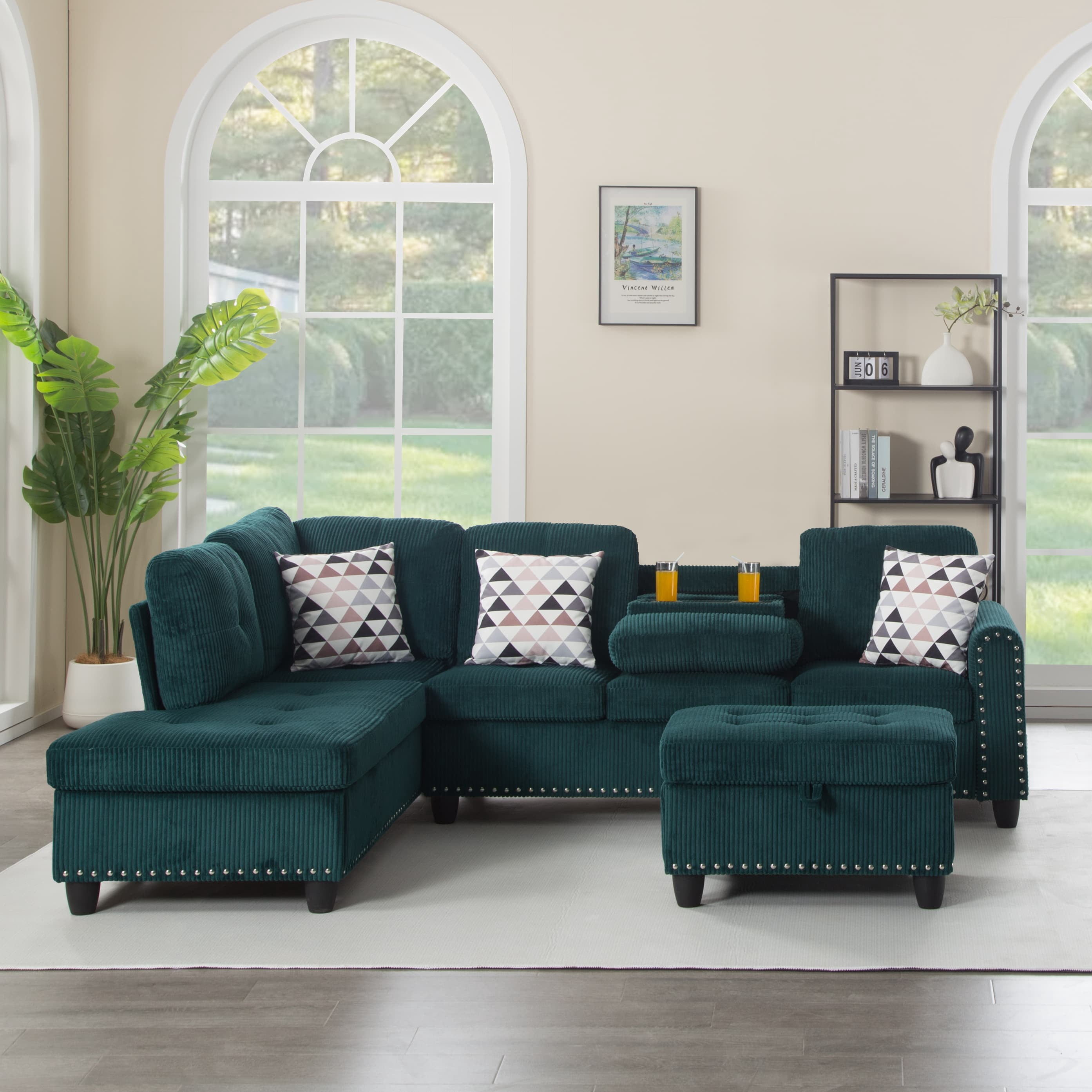 BSHTI 94.49”L-Shaped Modular Sectional Sofa, with Convenient Storage Ottoman, Corduroy Fabric, Drop-Down Middle Backrest with Two Built-In Cup Holders, Green